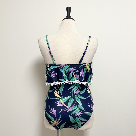 Shein Tropical Floral Flounce Navy One Piece Bathing Suit NWOT Medium Pom Poms - Picture 7 of 12